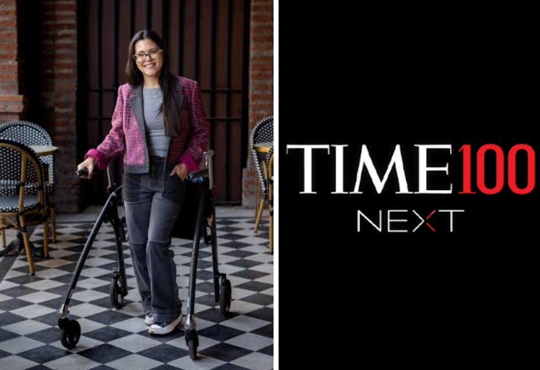 Joven con discapacidad mirando a la cámara y logo de Time next 100