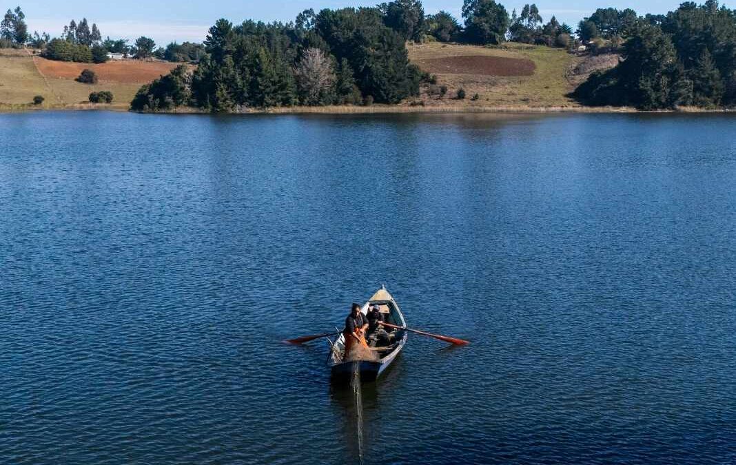Mujer pescando arriba de un bote y detrás el paisaje de un lago