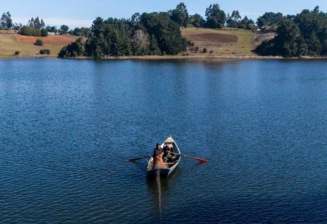 Mujer pescando arriba de un bote y detrás el paisaje de un lago