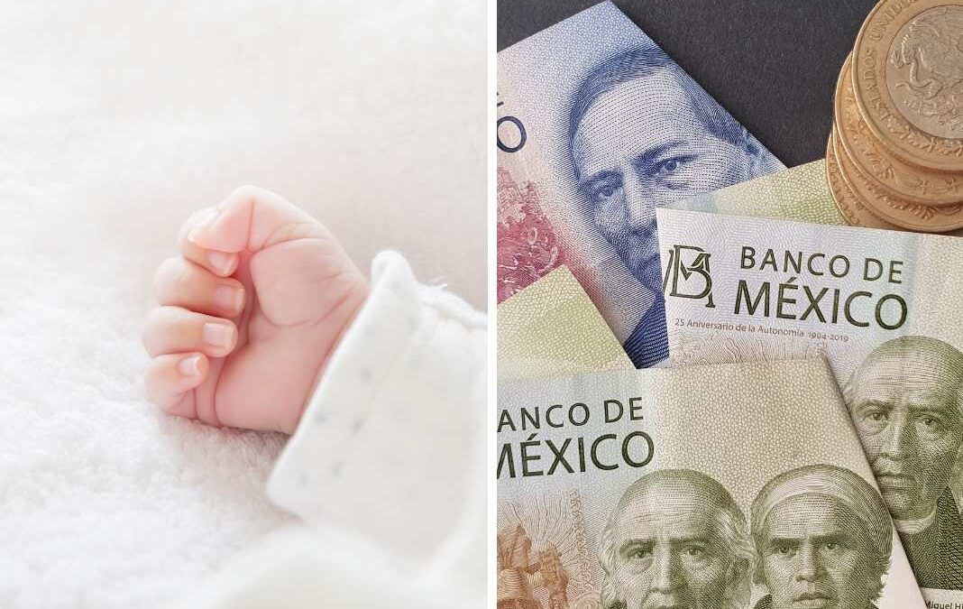 Mano de recién nacido y dinero mexicano