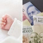 Mano de recién nacido y dinero mexicano
