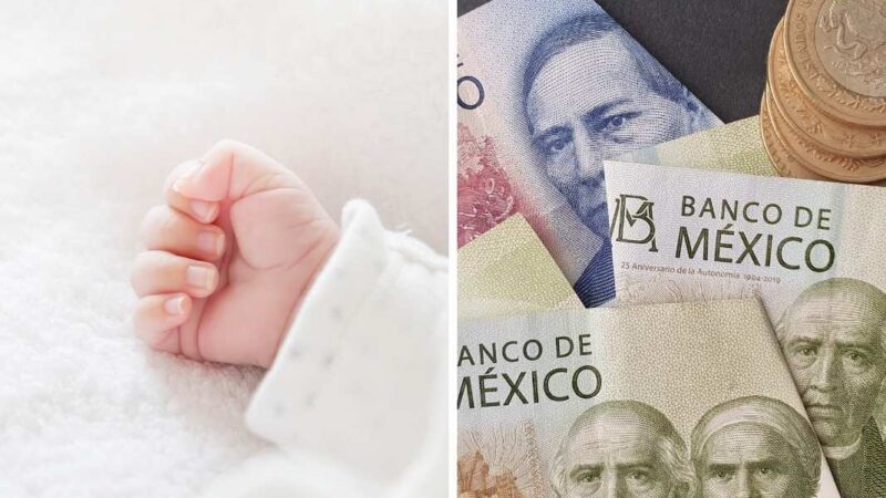 Mano de recién nacido y dinero mexicano