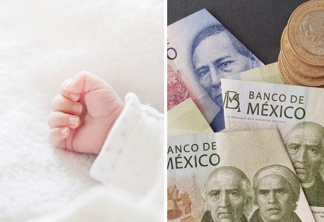 Mano de recién nacido y dinero mexicano