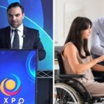 hombre exponiendo en podio de expo inclusión y mujer en silla de ruedas junto a un compañero de trabajo de pie a su lado