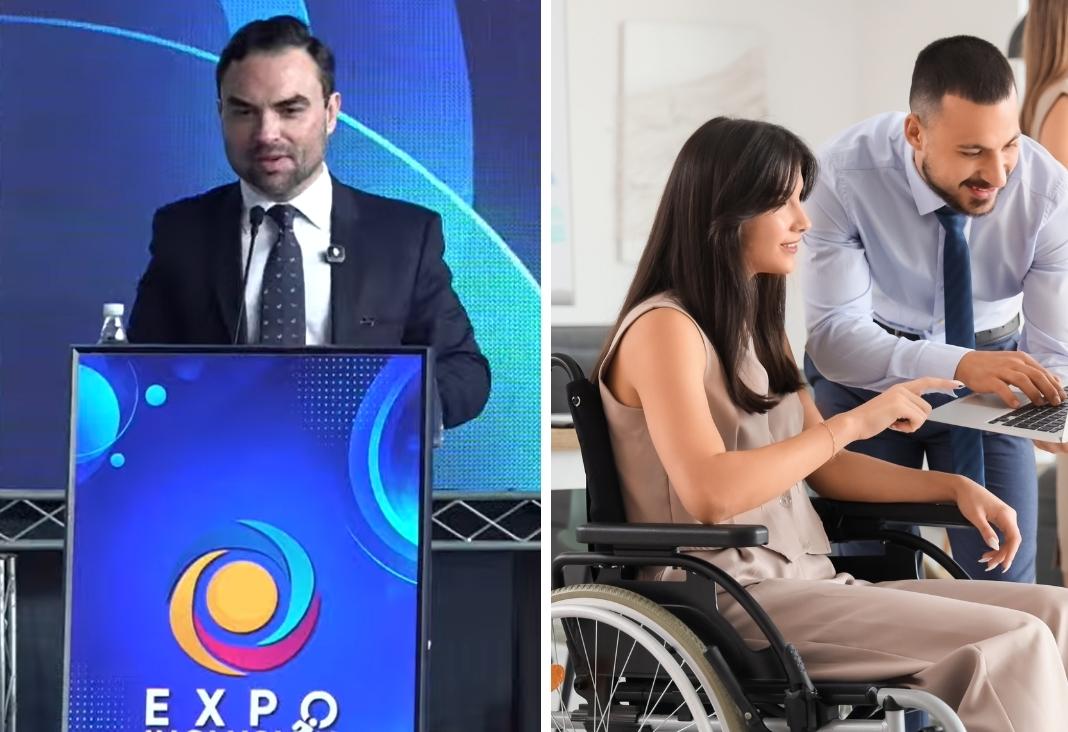 hombre exponiendo en podio de expo inclusión y mujer en silla de ruedas junto a un compañero de trabajo de pie a su lado