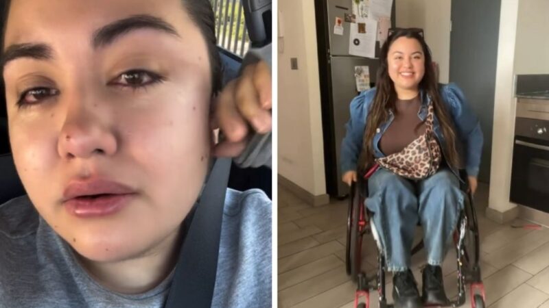 Mujer llorando y en silla de ruedas