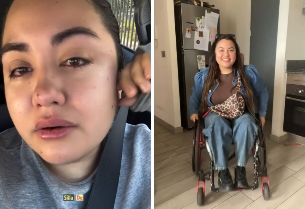 Mujer llorando y en silla de ruedas
