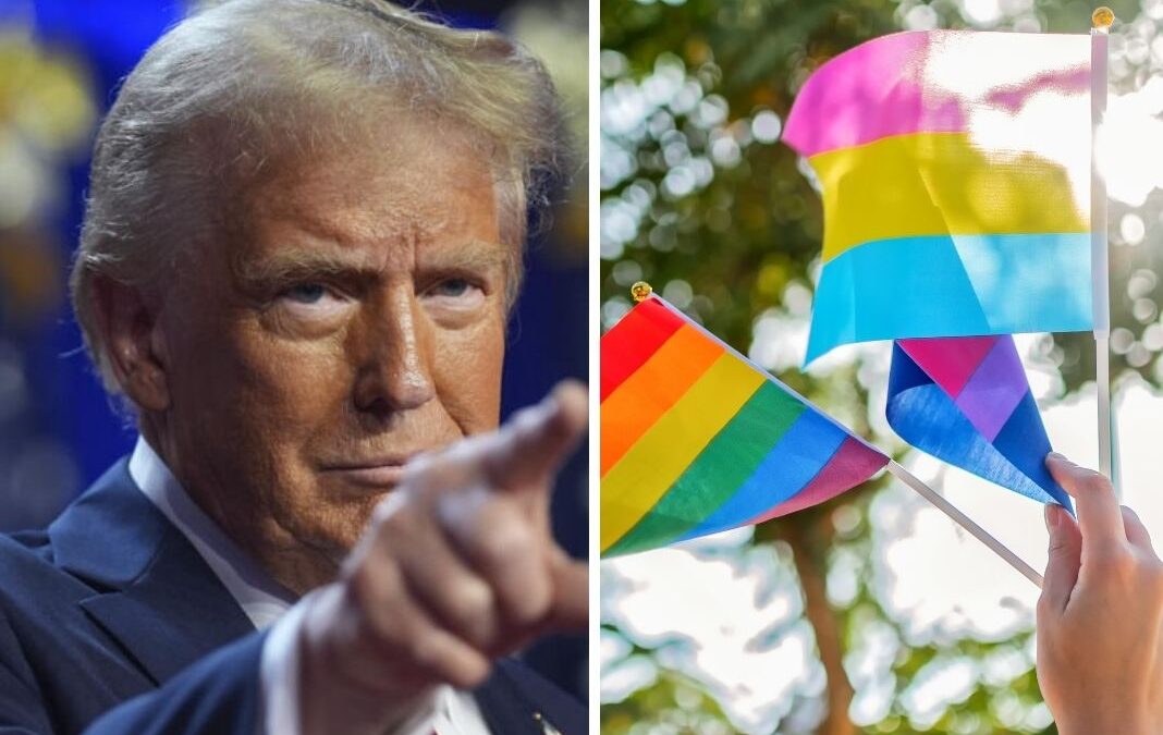 Donald Trump apuntando con el dedo índice y banderas de la comunidad LGTBQIA+