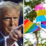 Donald Trump apuntando con el dedo índice y banderas de la comunidad LGTBQIA+