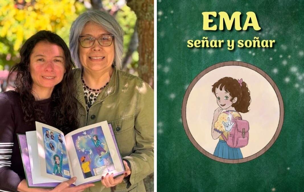 Dos mujeres mostrando un libro y portada del cómic "Ema señar y soñar"