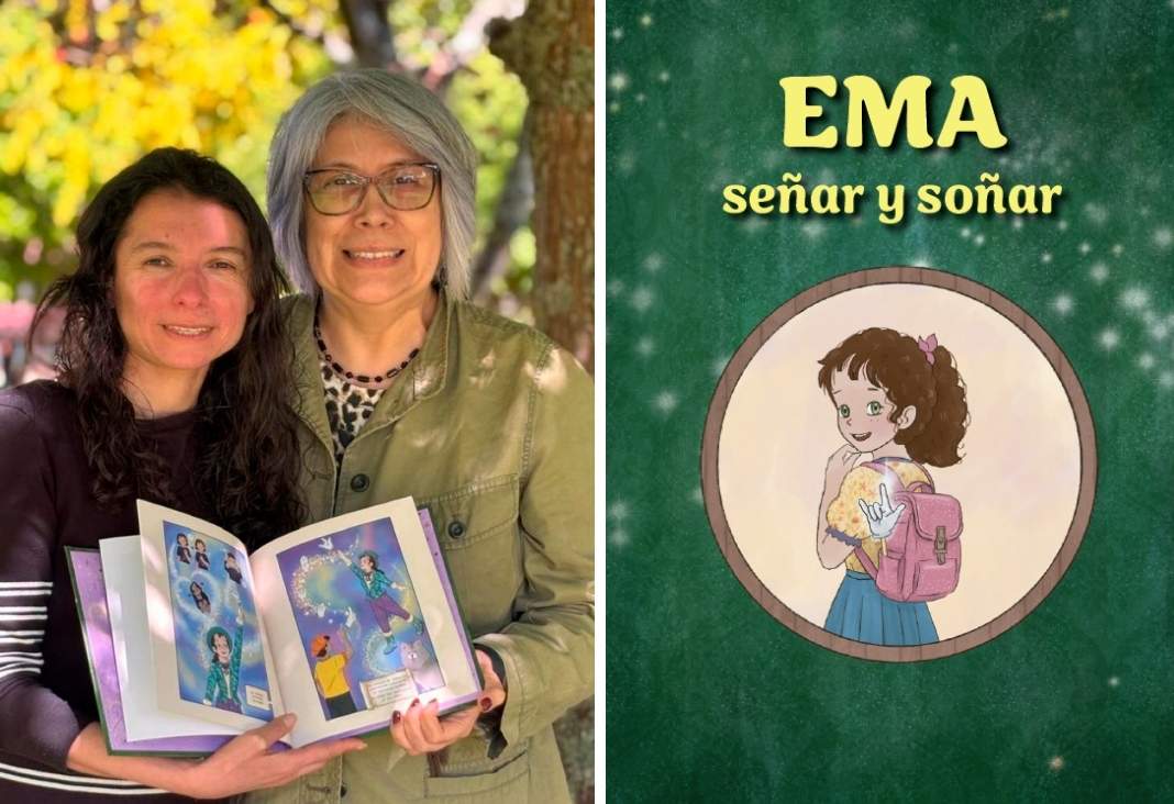 Dos mujeres mostrando un libro y portada del cómic "Ema señar y soñar"