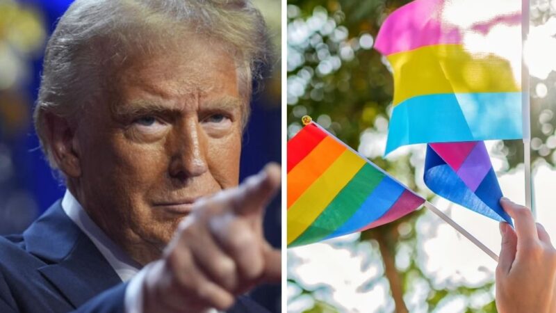 Donald Trump apuntando con el dedo índice y banderas de la comunidad LGTBQIA+
