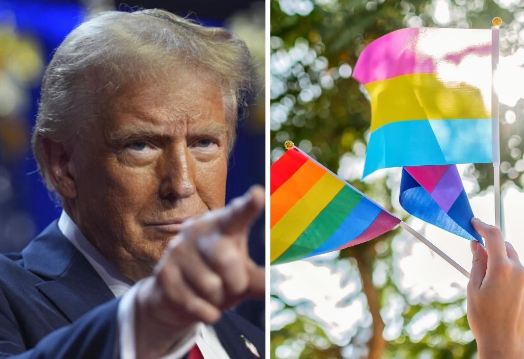 Donald Trump apuntando con el dedo índice y banderas de la comunidad LGTBQIA+